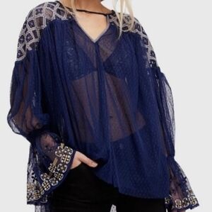 FREE PEOPLE JOYRIDE EMBROIDERED SHEER TOP. SZ LARGE